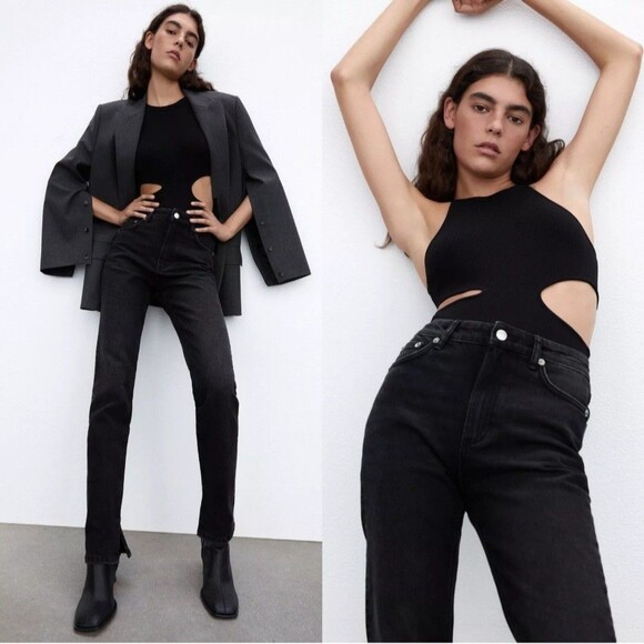 Zara Split Hem Slim Jeans Black High-Rise Full Length Straight Leg Size 12 - Picture 3 of 15